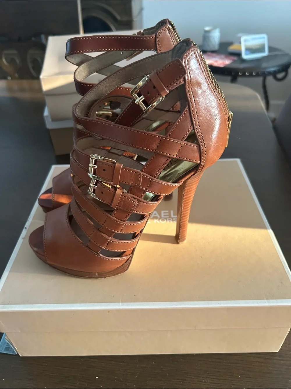 Michael Kors Cognac Brown Leather Strappy Peep-Toe Heels